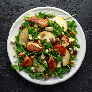 grilled chicken, bacon, pear salad
