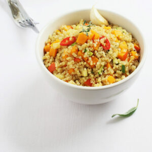 peppers and peaches quinoa bowl