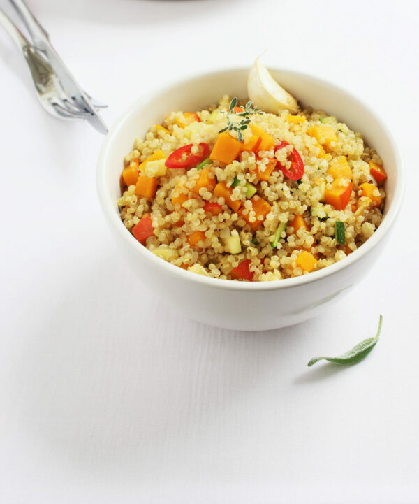 peppers and peaches quinoa bowl