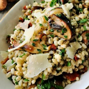 barley butternut salad with mushrooms and brussels sprouts