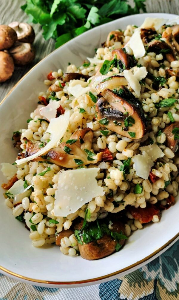 barley butternut salad with mushrooms and brussels sprouts
