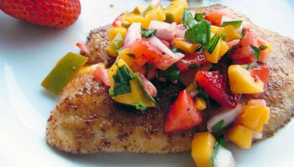 tilapia with stone fruit and strawberry salsa