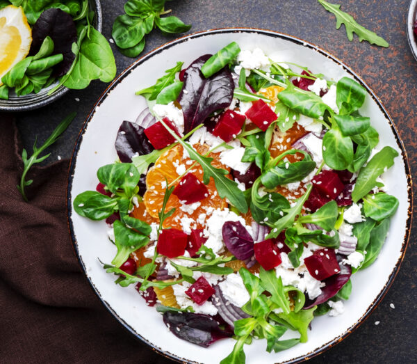 roasted beet, chicken, goat cheese and pecan salad