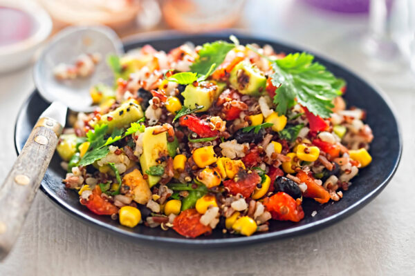 black bean quinoa bowl with avocado