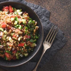 vegetable farro bowl with corn butter sauce